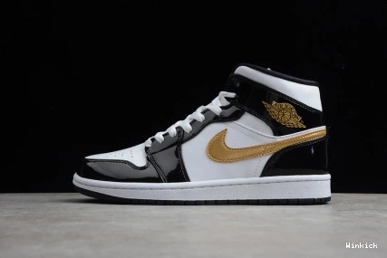 Black Air Jordan Patent Gold 1 Mid 852542-007 White 0831